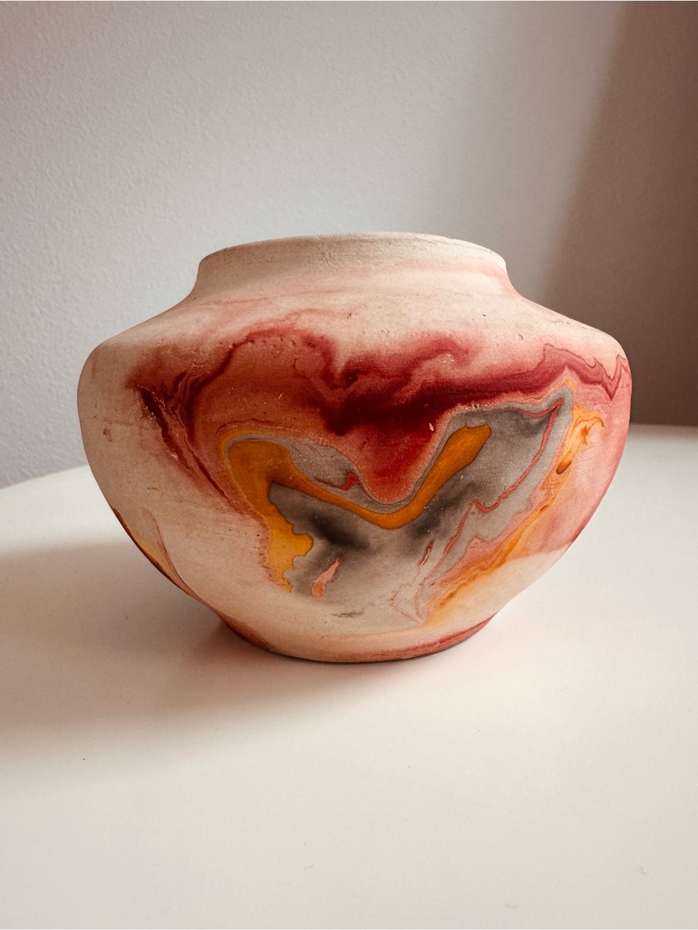 Nemadji Ceramic Art Vase in Red, Orange & Gray Swirl